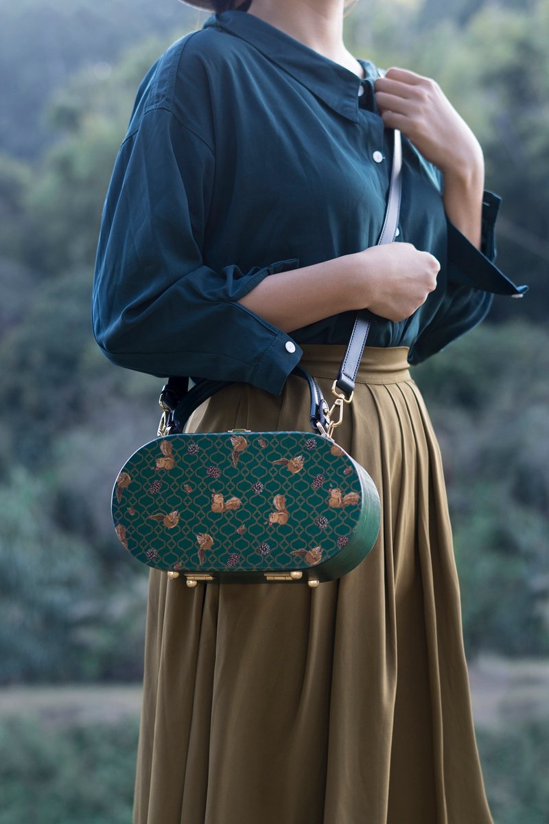 復古印花 松鼠森系 木包 手提单肩包 斜跨包 - 侧背包/斜挎包 - 木头 绿色