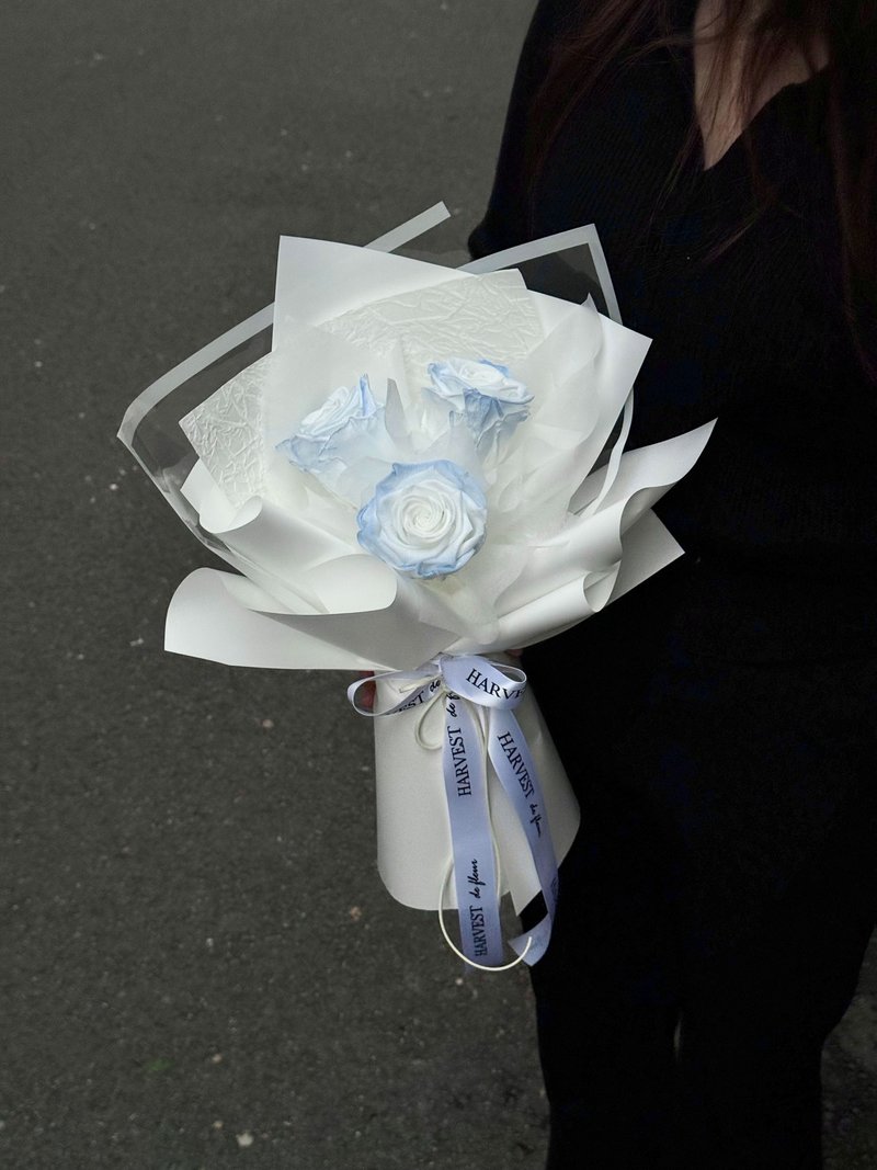 HARVEST 丨碎冰蓝・渐层质感永生玫瑰花束 (附专属提袋) 情人节 - 干燥花/捧花 - 植物．花 白色