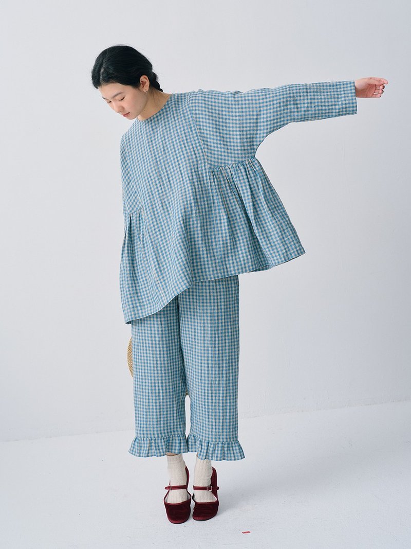 水洗色织蓝小格子亚麻松紧腰花边裤 - 女装长裤 - 棉．麻 黑色