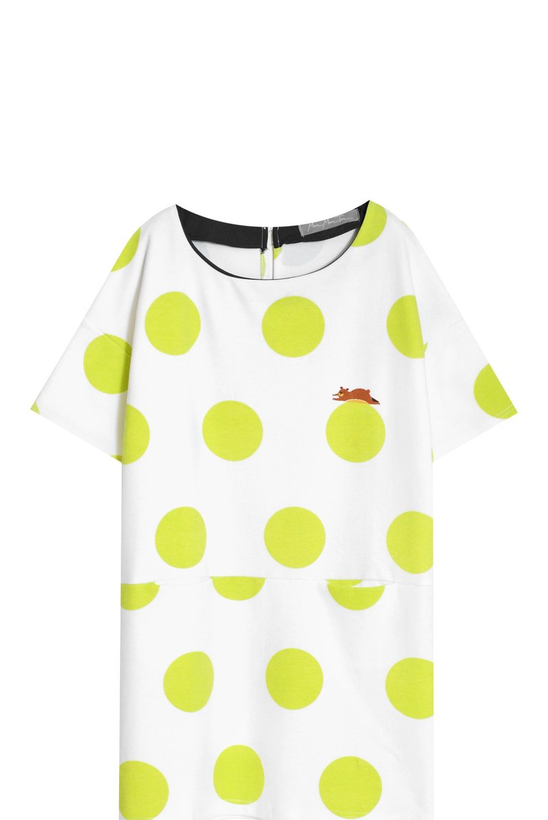 【最后一件】懒懒的大熊桑／青柠大点点长版踢 - 洋装/连衣裙 - 棉．麻 黄色