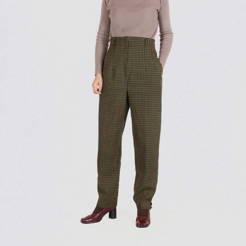 【蛋植物古着】静谧格纹绒面高腰古着裤 - 女装长裤 - 其他人造纤维 绿色