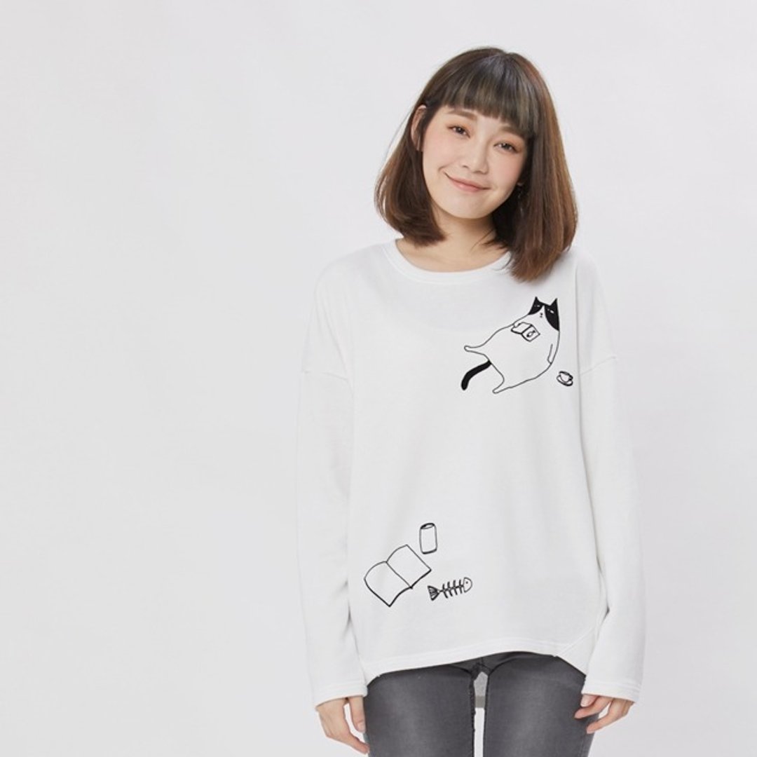 Lazy Cat長袖寬版女T/復古白 - 女装上衣 - 棉 白色