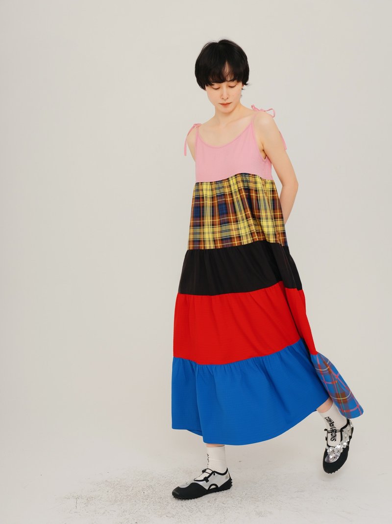 細肩帶拼接面料吊帶連衣裙 無袖連身裙 - 洋装/连衣裙 - 丝．绢 多色