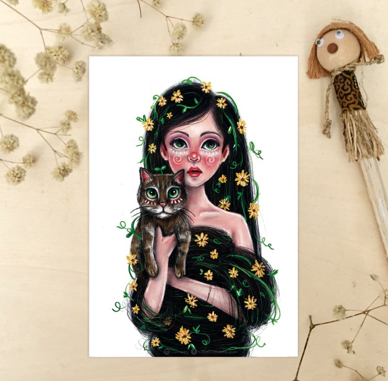 Cat lady postcard size Artprint - 卡片/明信片 - 纸 