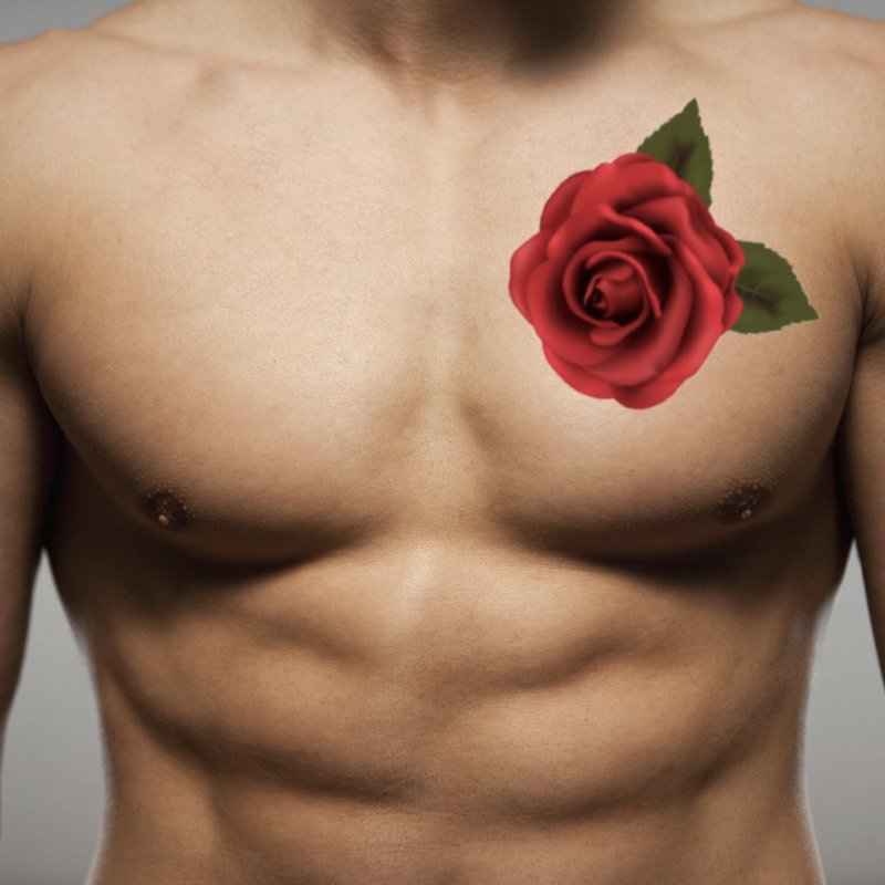 OhMyTat 心口胸部位置玫瑰花 Rose Chest 刺青图案纹身贴纸 (2张) - 纹身贴 - 纸 红色
