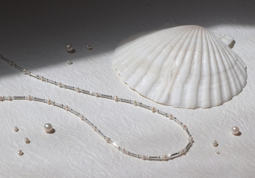 Pearl necklace—Moon I 天然珍珠纯银隔珠项链 - 项链 - 纯银 银色