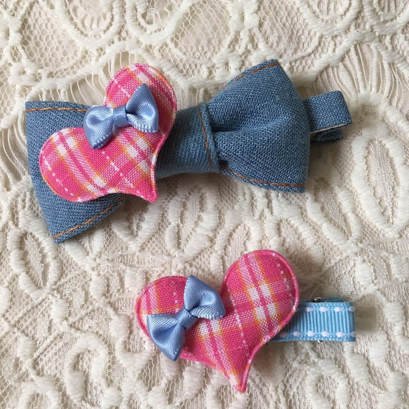 【牛仔咩咩】牛仔爱心格亲子夹 发夹 - 发饰 - 棉．麻 多色