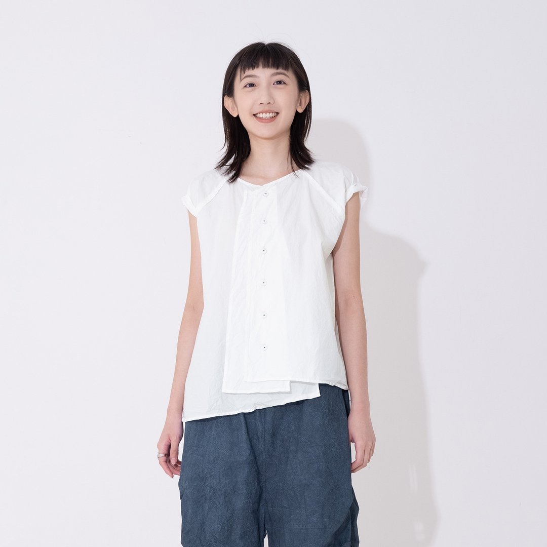 错位衣摆不对称开襟上衣 - 女装上衣 - 棉 白色