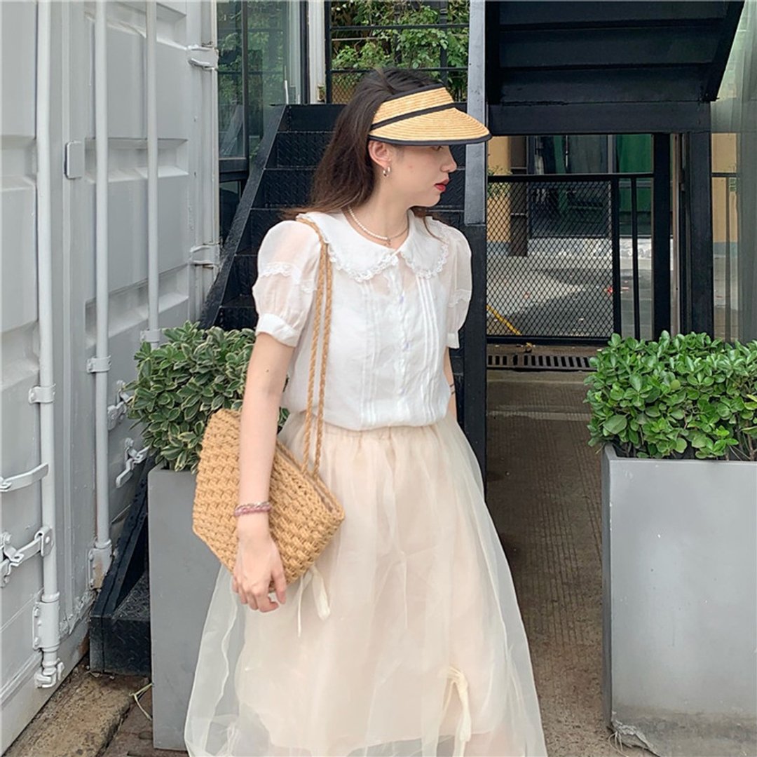 透视感 娃娃领衬衫 蕾丝花边 轻薄泡泡袖 减龄少女短袖 夏新 - 女装衬衫 - 棉 白色