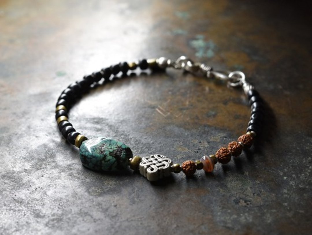 old Tibetan turquoise and endless knot, Rudraksha, ancient agate black breath - 手链/手环 - 玻璃 