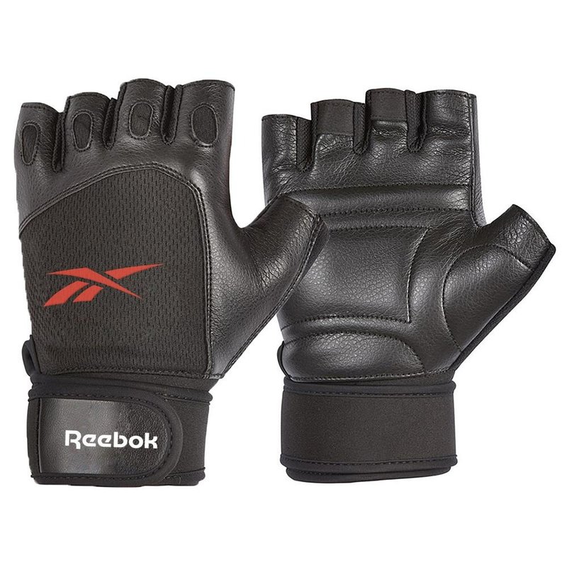 【Reebok】Lifting Gloves 短指皮革举重手套 - Black/Red - 运动配件 - 人造皮革 黑色