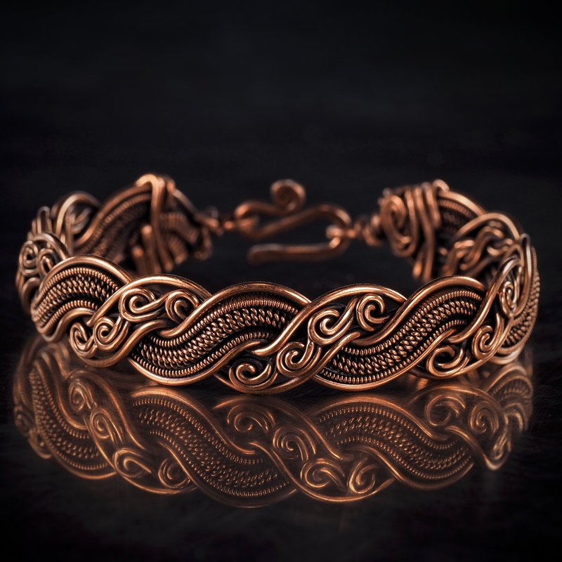 独特的钢丝缠绕纯铜手链。 绞合线手镯。 七周年礼物。 手工铜首 - 手链/手环 - 铜/黄铜 金色