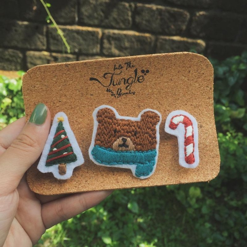 Christmas teddy set - 胸针 - 绣线 多色