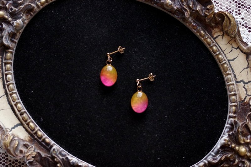 树脂艺术椭圆耳针/暮光探戈 - 耳环/耳夹 - 树脂 橘色