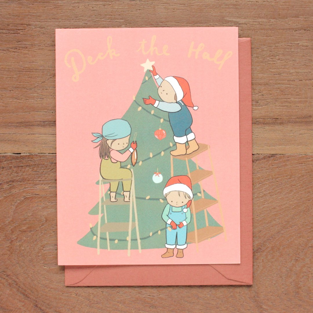 Deck The Hall 圣诞树插画风祝福卡 - 卡片/明信片 - 纸 粉红色