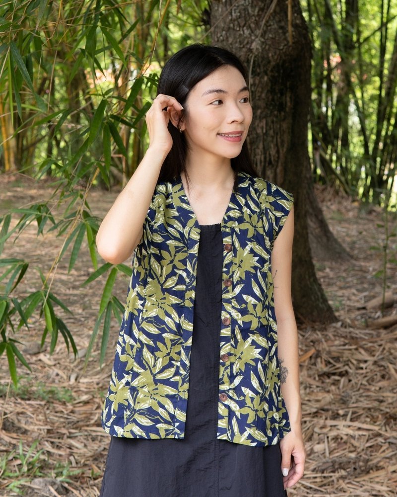 印度盖染工艺亲肤纯棉 背心 － 竹叶蓝 - 女装背心 - 棉．麻 多色