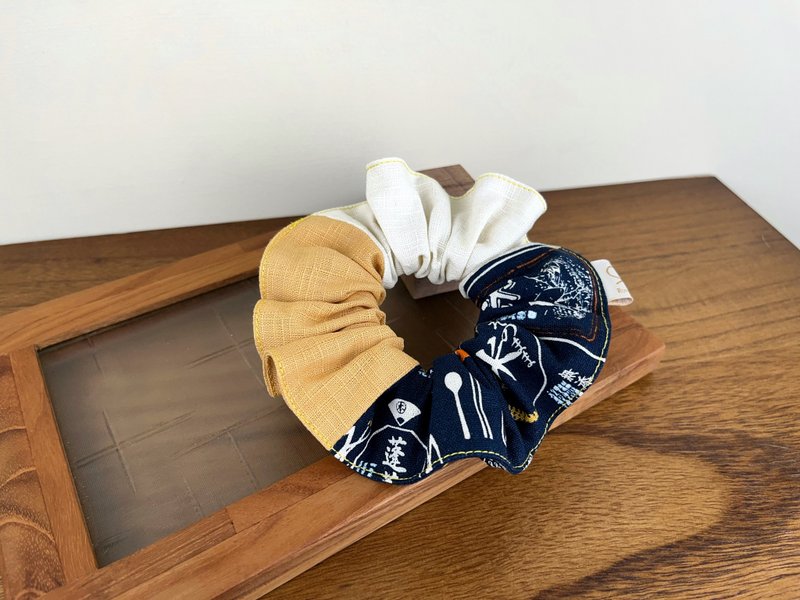 三拼荷叶发圈 / 甜甜圈 / 蓝色米袋 - 发饰 - 棉．麻 蓝色