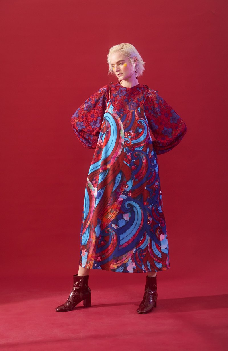 蓝红蕾丝吊带背心两件套 - 洋装/连衣裙 - 聚酯纤维 蓝色