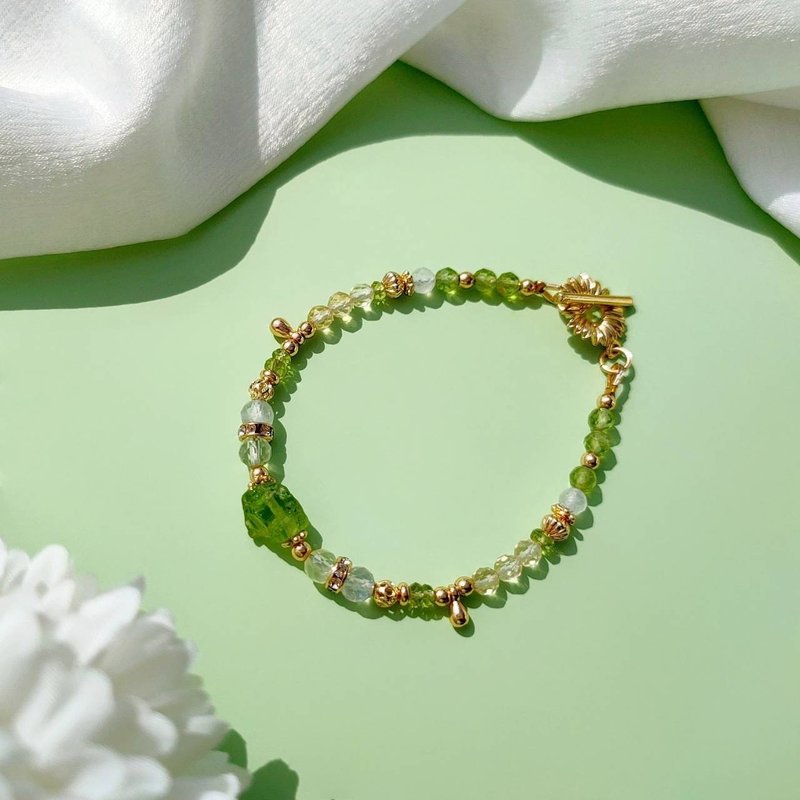 梢过林间。橄榄石原矿 葡萄石 黄水晶 14K包金 水晶矿石设计手链 - 手链/手环 - 水晶 绿色