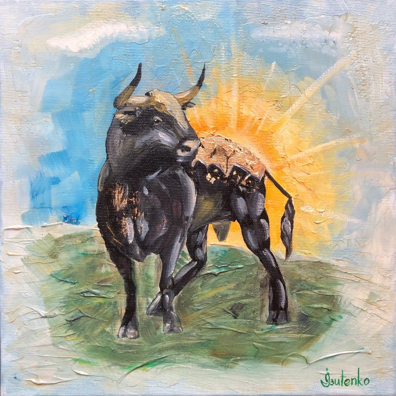 Bull Painting Animal Original Art Farm Animal Oil Artwork Taurus Wall Art - 海报/装饰画/版画 - 其他材质 黑色