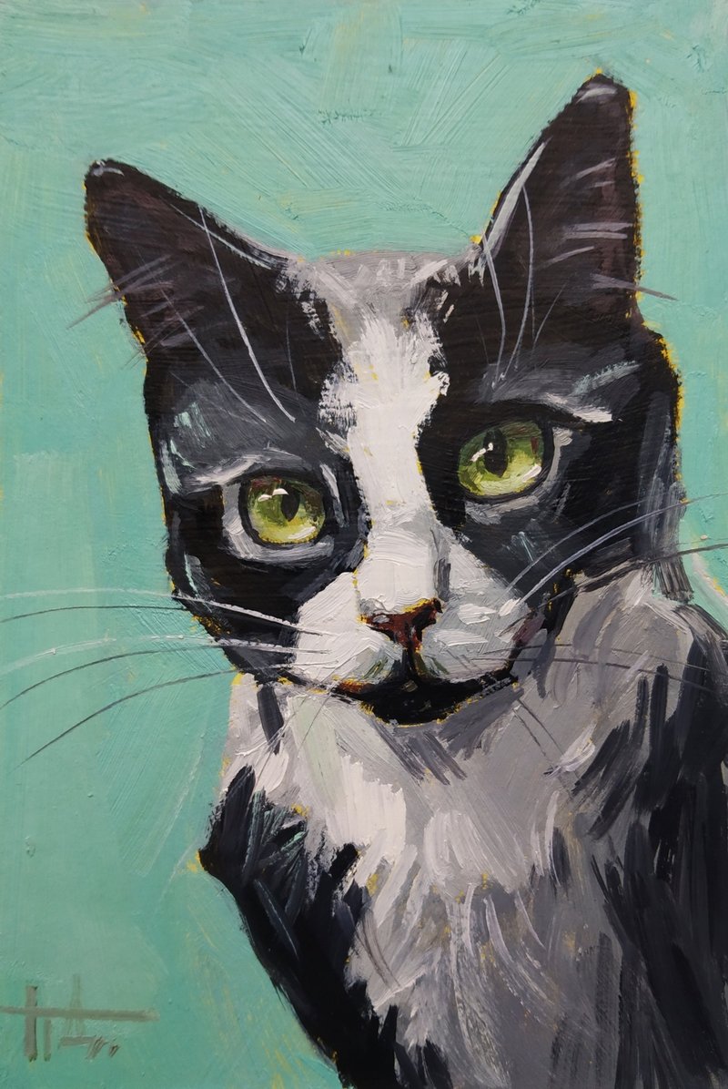 原创油画宠物肖像 可爱黑白小猫 尺寸 6x4 英寸 - 海报/装饰画/版画 - 纸 多色