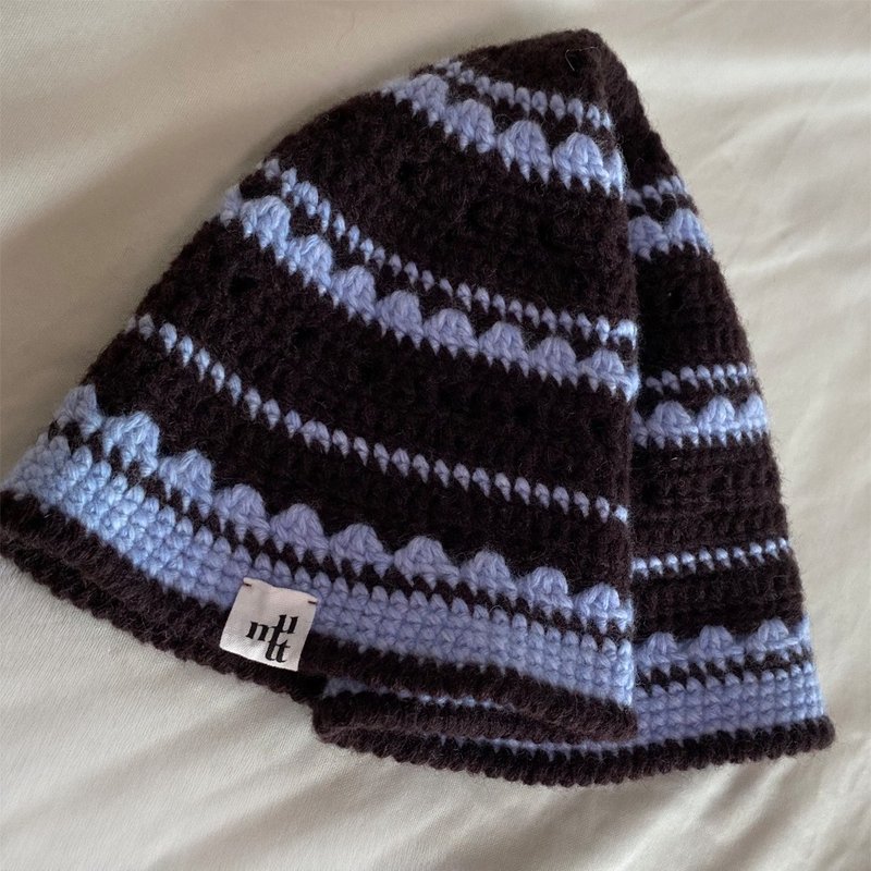 条纹渔夫帽，棕蓝色 (春夏/秋冬) - 帽子 - 羊毛 咖啡色