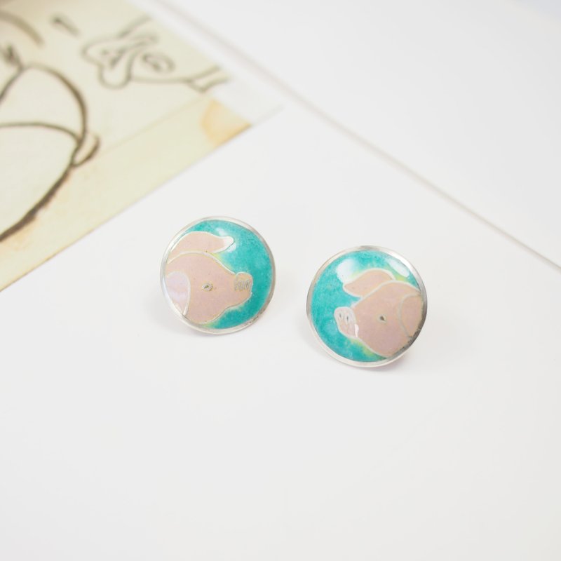 十二生肖珐琅饰品系列 粉红猪掐丝珐琅耳环 - 耳环/耳夹 - 银 多色