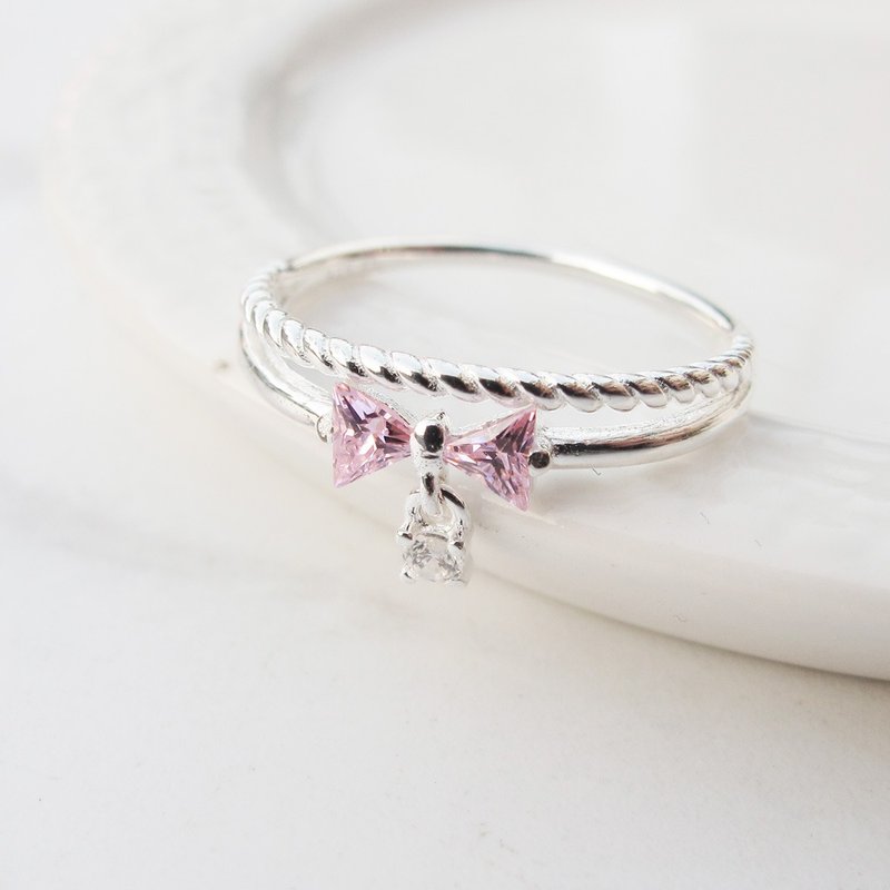 【美钻银饰】小公主 | 麻花蝴蝶结 双圈锆石纯银戒指 | 大员囡仔 - 戒指 - 纯银 银色