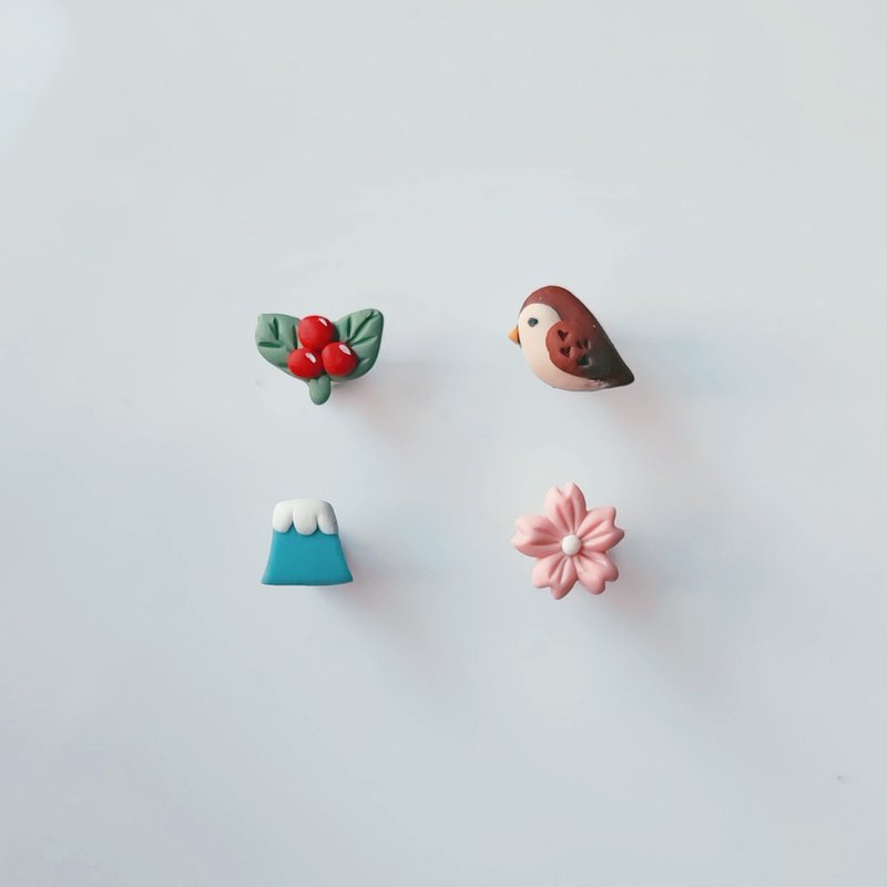 bi birdy //小清新富士山・樱花・鸟・果手工软陶小耳钉 - 耳环/耳夹 - 粘土 多色