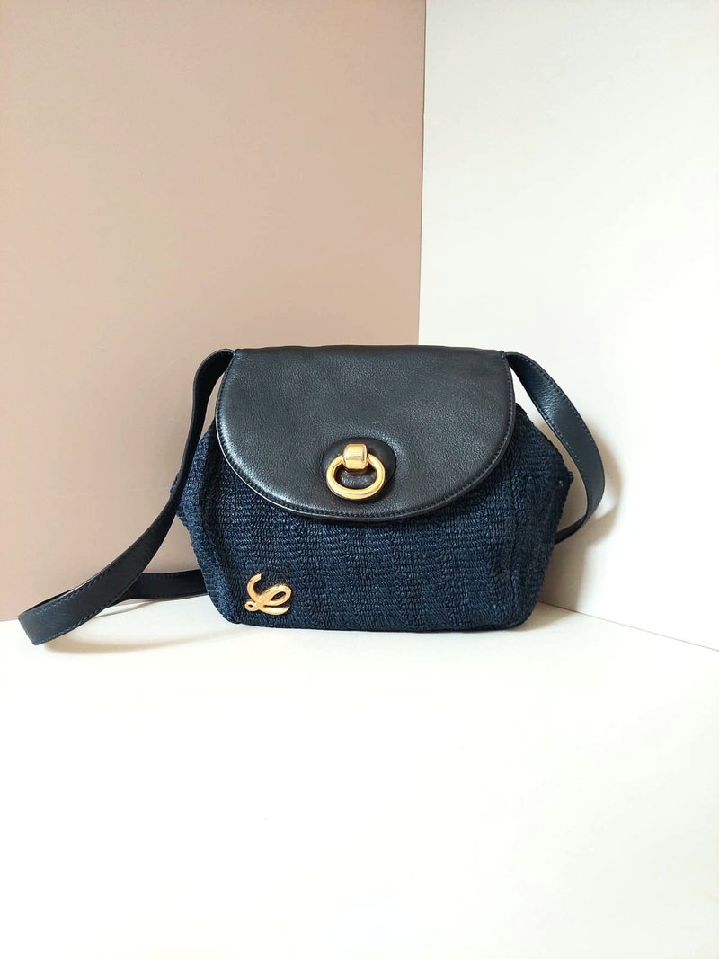 【特选货品】Loewe海军蓝黑色编织拼色侧背斜孭皮革小包单肩手袋 - 侧背包/斜挎包 - 真皮 蓝色