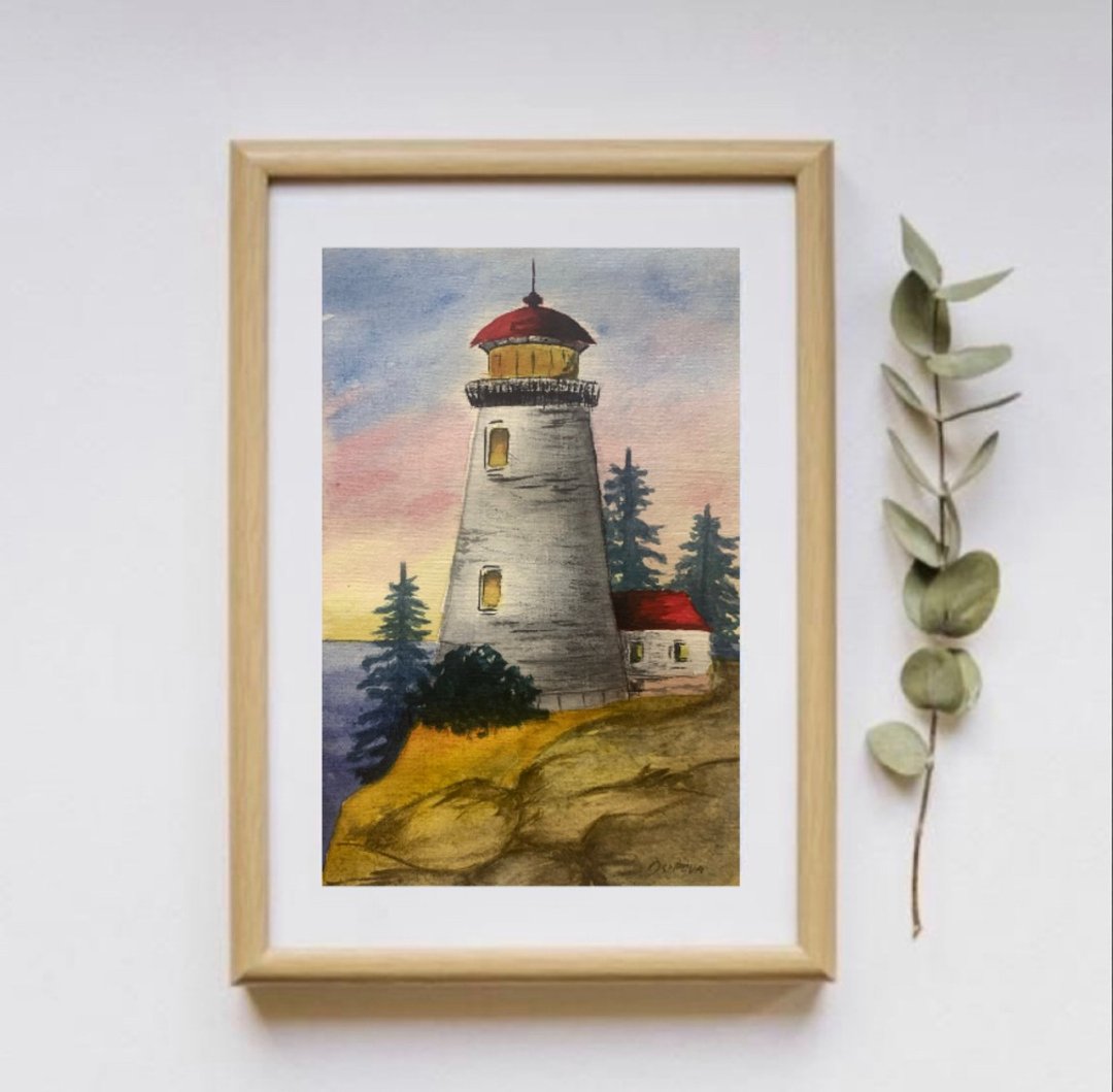 Original Watercolor Seascape Lighthouse Paitning Trees Modern Artwork Sunset Art - 墙贴/壁贴 - 纸 多色