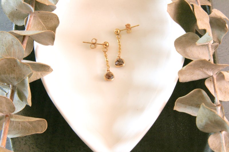 原矿钻石耳环 耳针可改夹式 轻珠宝 暧昩咖啡色调 纤细包镶 ~时光 - 耳环/耳夹 - 宝石 黑色