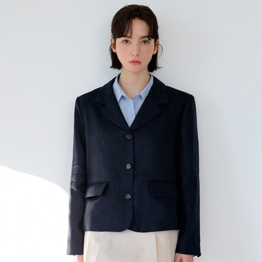 韩国姊妹淘，Basic Linen Jacket Short - 经典海军蓝 - 女装休闲/机能外套 - 棉 蓝色