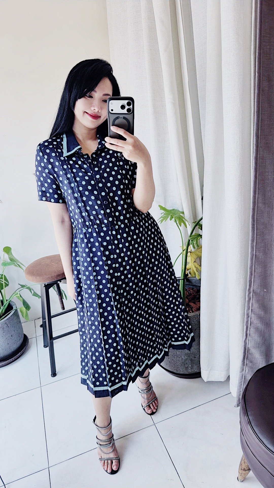 深浅蓝水玉点点优雅翻领 长裙洋装连身裙连衣裙古着ドレス Dress - 洋装/连衣裙 - 聚酯纤维 蓝色
