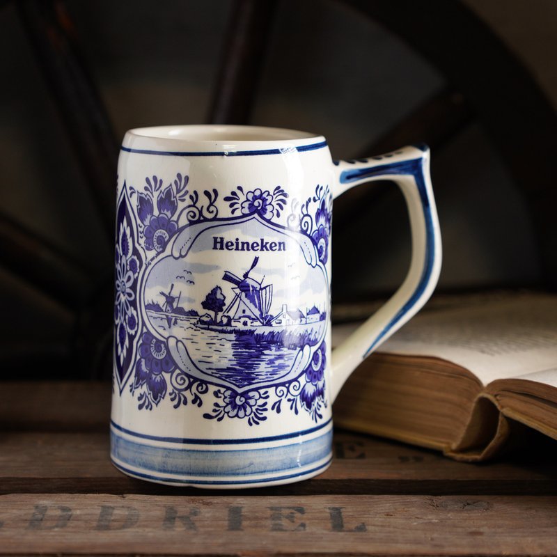 荷兰Heineken海尼根风车半手绘啤酒杯/马克杯/台夫特/delft blue - 咖啡杯/马克杯 - 瓷 蓝色