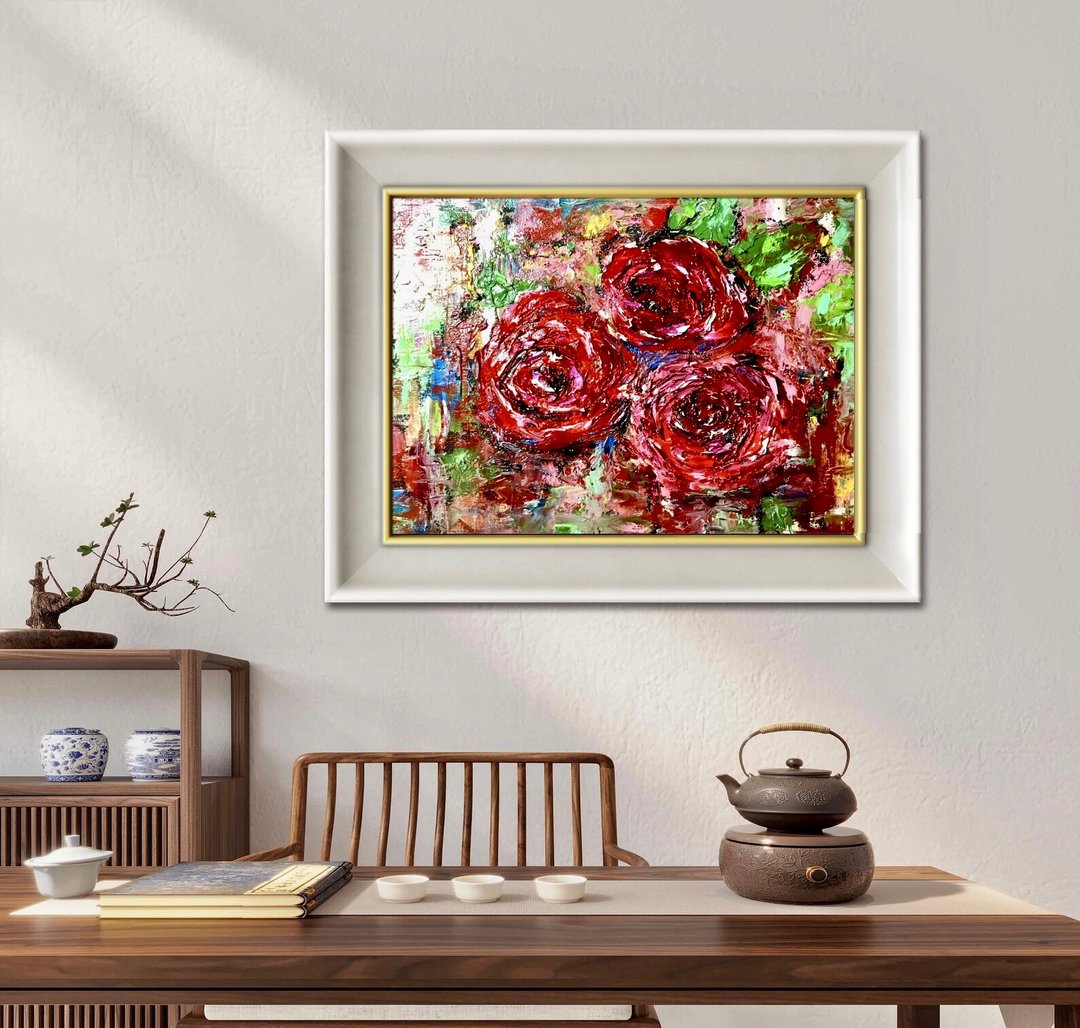 红玫瑰原创油画，伸展画布，抽象的背景，厚涂法 - 墙贴/壁贴 - 其他材质 红色