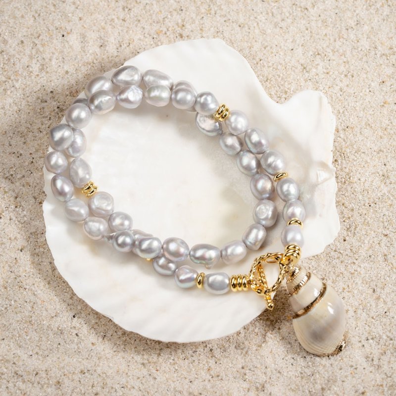 天然灰色巴洛克珍珠项链 7-8mm 海螺吊坠 复古优雅 新年礼物 - 项链 - 珍珠 灰色