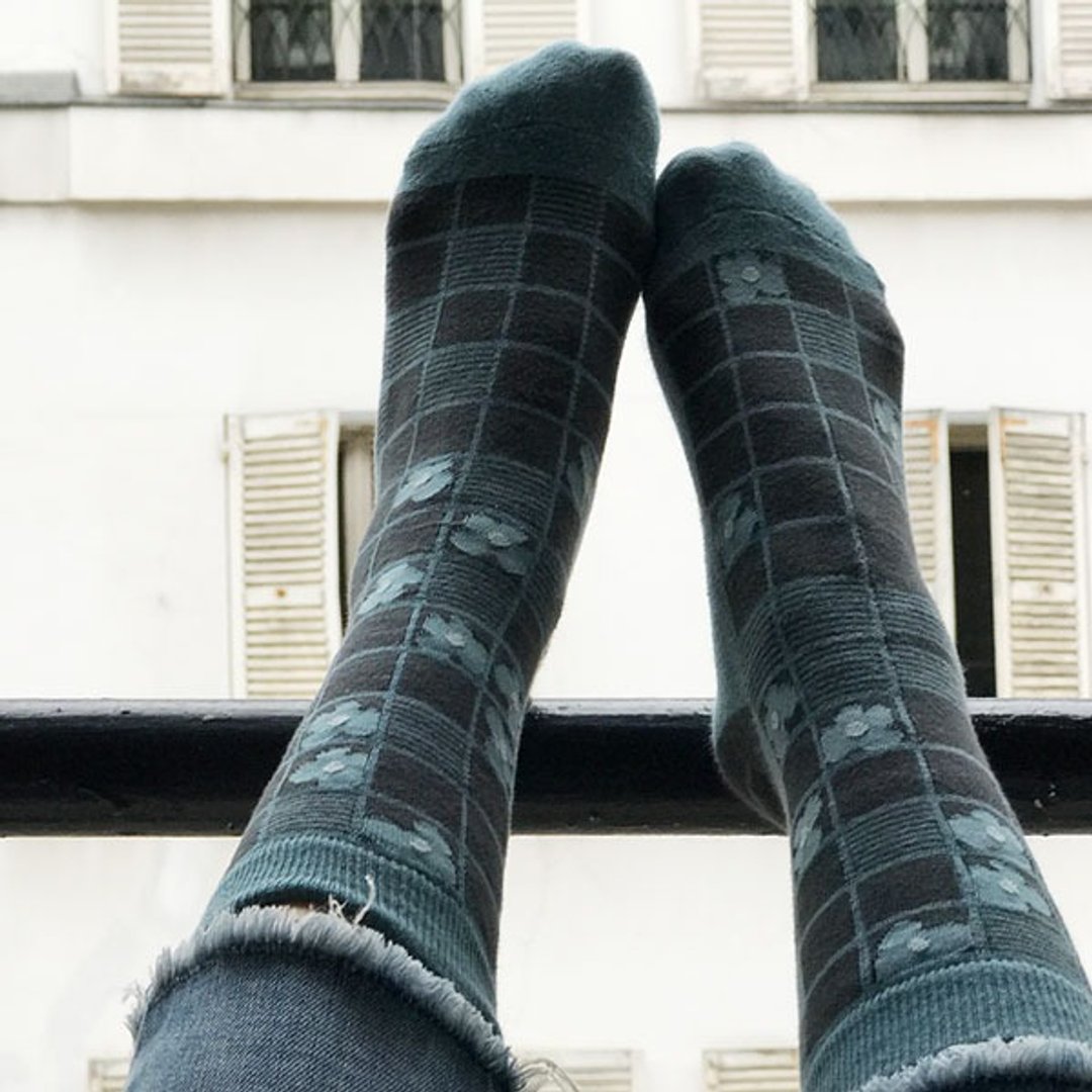 socks_firefly/ irregular / socks / check / flower - 袜子 - 棉 蓝色