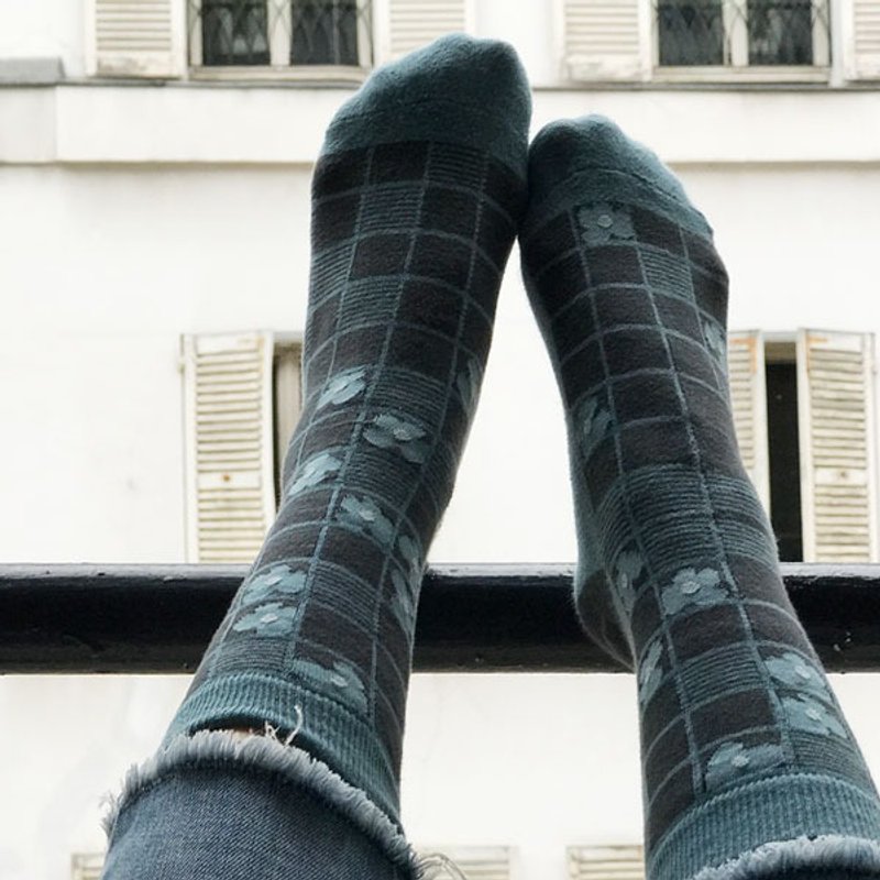 socks_firefly/ irregular / socks / check / flower - 袜子 - 棉．麻 蓝色