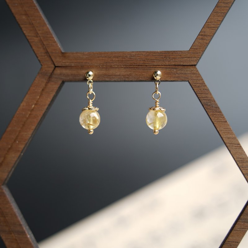 【橙双】天然石 耳环 耳钉 | 钛晶 金色 简约 - 耳环/耳夹 - 水晶 金色