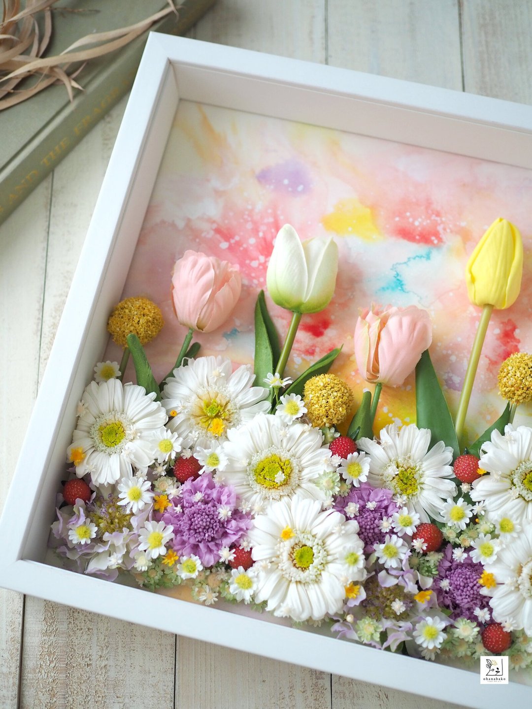 春色花田 水彩与永生花复合媒材画框 30cm正方 - 干燥花/捧花 - 植物．花 粉红色