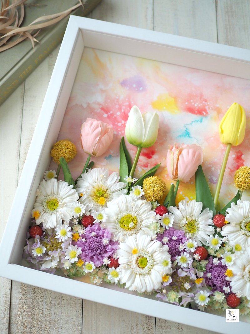 [特别庆典、生日、沙龙装饰] 永生花、干燥花、花痴、混合媒材框架 春色花田 30cm见方 - 干燥花/捧花 - 植物．花 粉红色