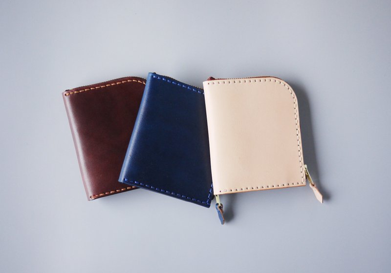 L型拉链皮夹 植鞣牛皮 短夹 零钱包 定制化 免费打印 真皮手作 - 手拿包 - 真皮 蓝色