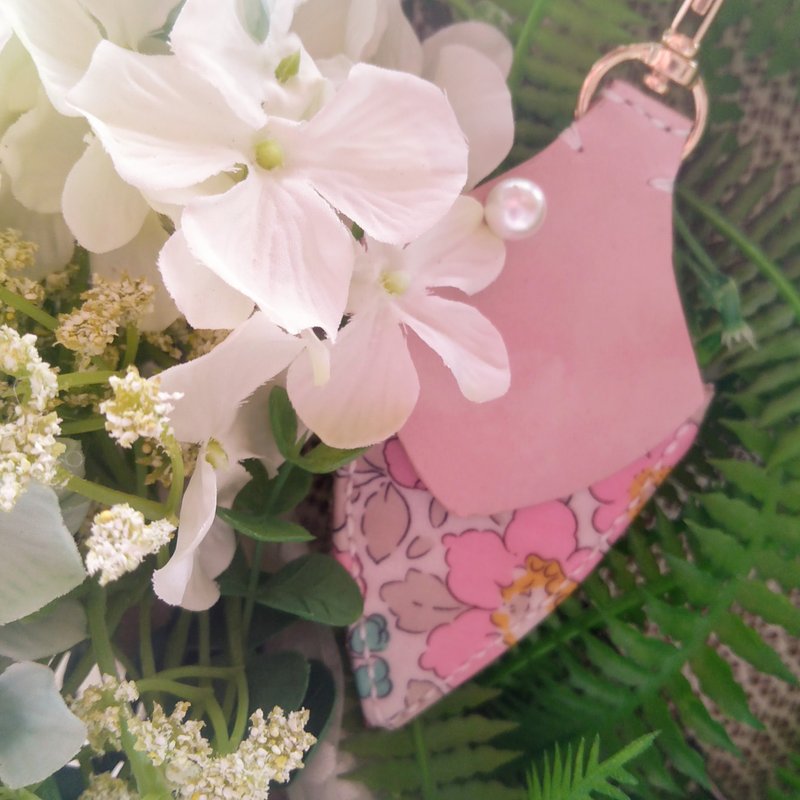 手缝真皮 Liberty 碎花口袋钥匙圈 - 粉红花卉 珍珠 - 吊饰 - 真皮 粉红色