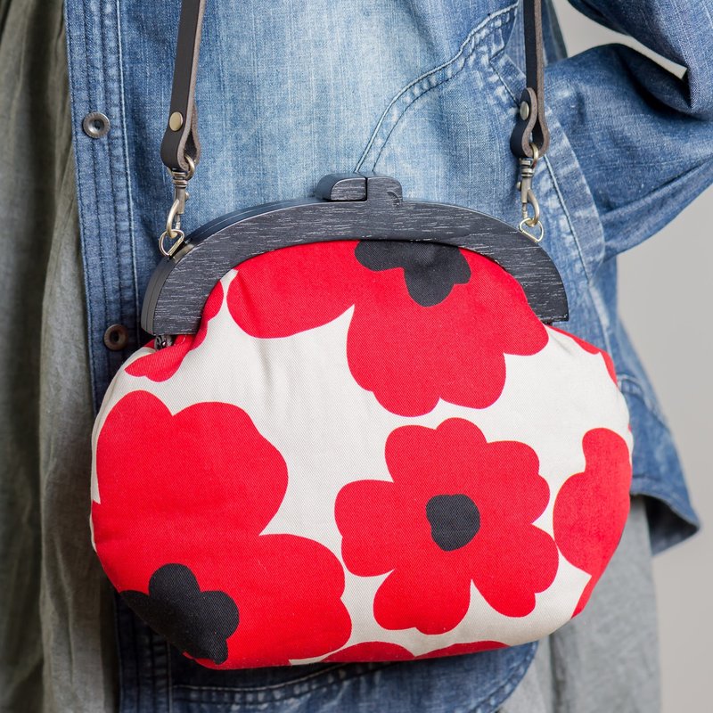 【大红蕊花-白底】 复古木质口金包-大款 #随身包 - 侧背包/斜挎包 - 棉．麻 红色
