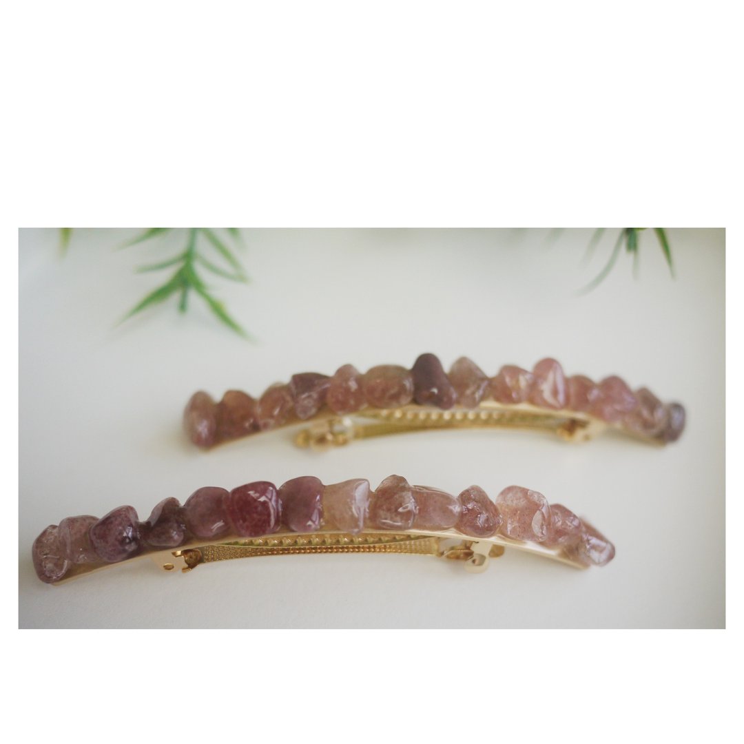 草莓晶细长发夹 | 树脂+天然石发饰 | 弹簧夹 | hair clip - 发饰 - 其他材质 粉红色