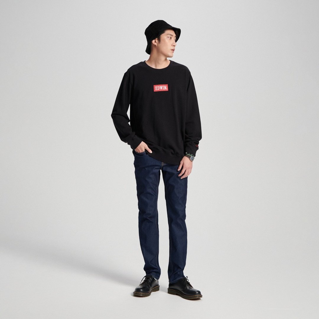 EDWIN 男装 BOX LOGO 绣花厚长袖 T 恤 (黑色) #上衣 - 中性连帽卫衣/T 恤 - 棉．麻 黑色