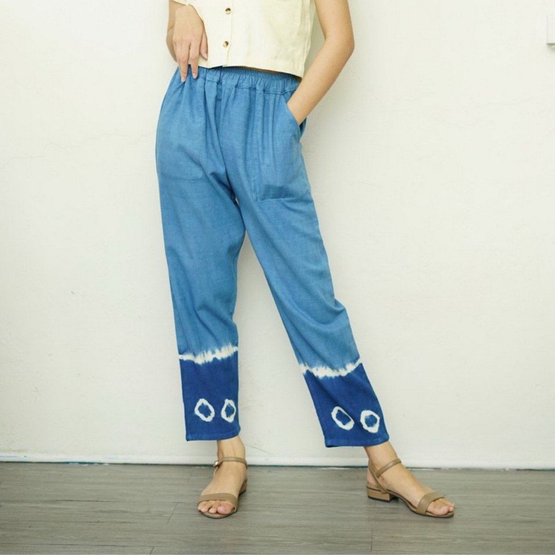 White Line Tie Dye Pants 锥形裤，竹纤维材质，全弹性腰围 - 女装长裤 - 棉 蓝色