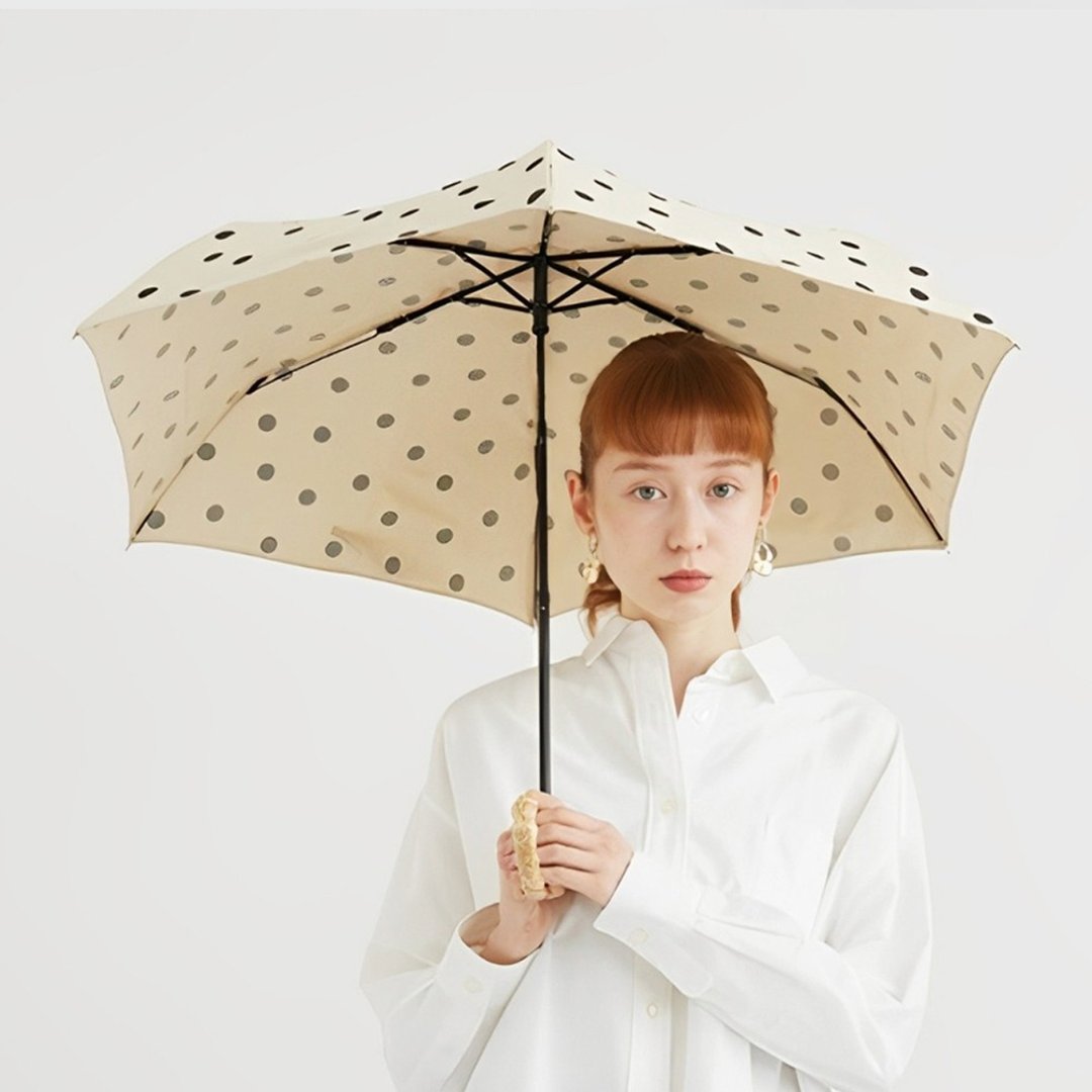 日本霜山 复古水玉点点6骨晴雨两用竹柄折叠伞(附收纳提袋) - 雨伞/雨衣 - 聚酯纤维 白色