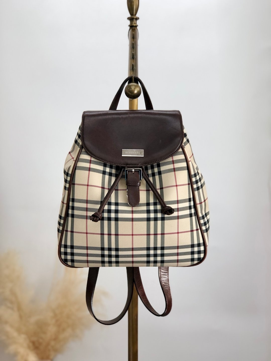 【日本直送，名牌包装】BURBERRY Nova Check Backpack Beige Logo Canvas Flap vintage anxvnm - 后背包/双肩包 - 棉 咖啡色